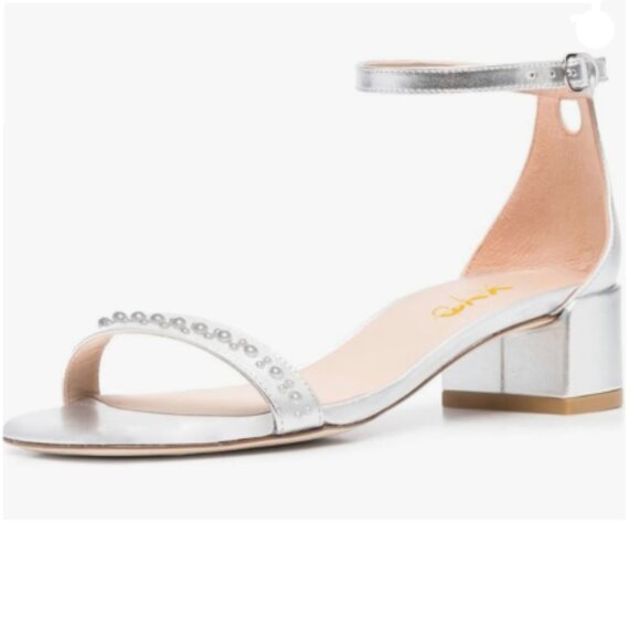 XYD Silver Pearls Open Toe Strappy Low Block Heel Ankle Strap with Buckle Sandal - Picture 1 of 8